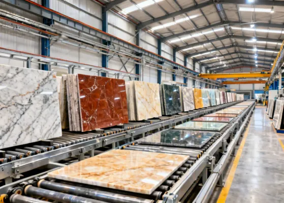 Engineered quartz surface manufacturing plant using Breton Bretonstone process