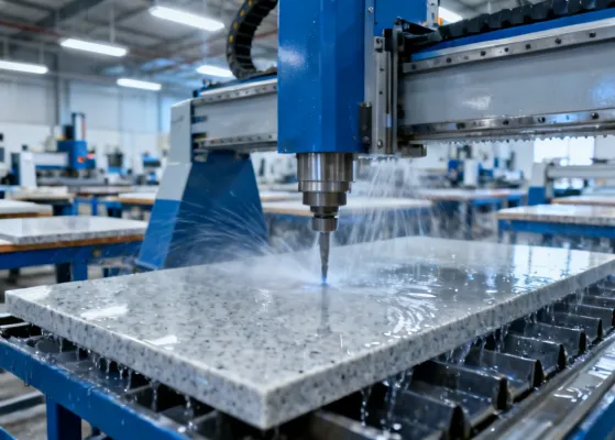 Stone fabricator using Breton CNC bridge saw for quartz countertop cutting and profiling